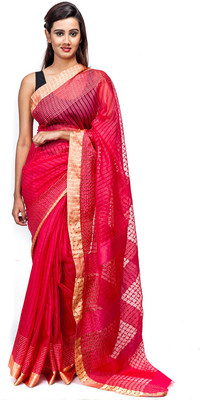 

Elite Handicrafts Striped Bhagalpuri Handloom Tussar Silk Saree(Red, Gold)