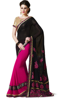 

Khoobee Self Design, Embroidered Fashion Georgette Saree(Pink, Black, Beige), Beige;black;pink