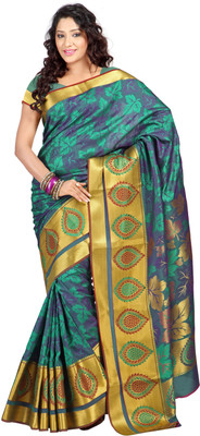 

Varkala Silk Sarees Woven Kanjivaram Jacquard Saree(Green), Green;light blue