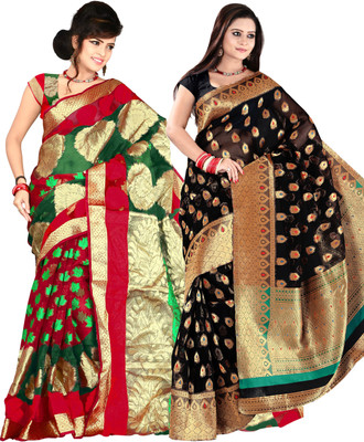 

It's Banii Woven Banarasi Handloom Banarasi Silk Saree(Pack of 2, Green, Black), Black;green