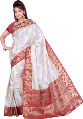 

Ishin Paisley Fashion Art Silk Saree(White, Red)