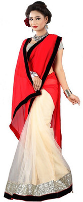 

Ishin Self Design Fashion Georgette Saree(White), Red;white