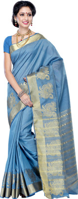 

Mimosa Woven Kanjivaram Tussar Silk Saree(Grey), Blue grey