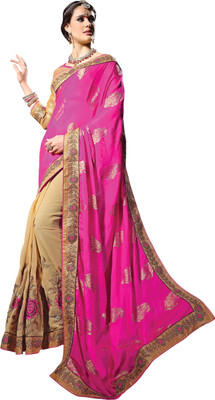 

Khoobee Self Design, Embroidered, Embellished Fashion Georgette, Viscose Saree(Pink, Beige), Beige;pink