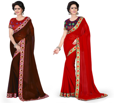 

Indianbeauty Solid, Printed Fashion Chiffon Saree(Pack of 2, Brown, Red)