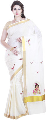 BrindavanSilks Embroidered Bollywood Cotton Blend Saree(Beige)