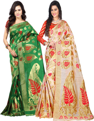 

Weavedeal Embellished Kanjivaram Silk Cotton Blend Saree(Pack of 2, Green, Beige), Beige;green