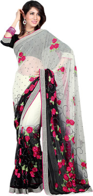 

Vishal Self Design, Solid Fashion Net Saree(White, Black), Off white