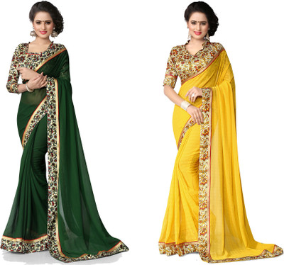 

Indianbeauty Self Design, Solid Fashion Chiffon Saree(Pack of 2, Yellow, Dark Green), Dark green;yellow