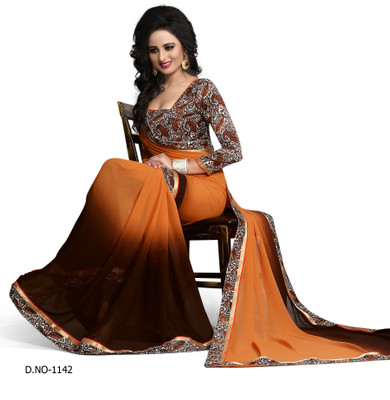 

Indianbeauty Self Design, Solid, Printed Fashion Georgette Saree(Orange, Brown), Brown;light orange