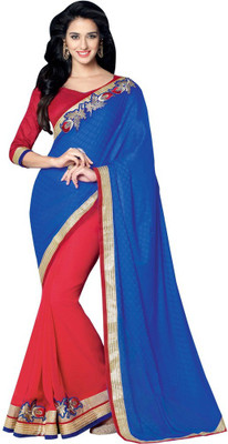 

Desi Butik Embroidered Fashion Georgette Saree(Red, Blue), Red and blue