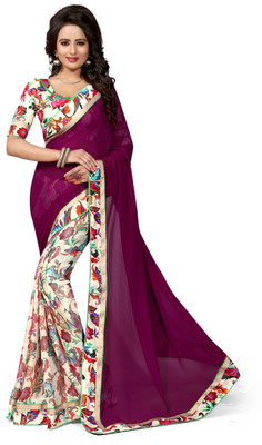 

Indianbeauty Self Design, Printed Bollywood Georgette Saree(Purple, Beige), Beige;purple