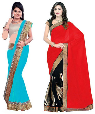 

Stylezone Embroidered Fashion Chiffon Saree(Pack of 2, Blue, Red)