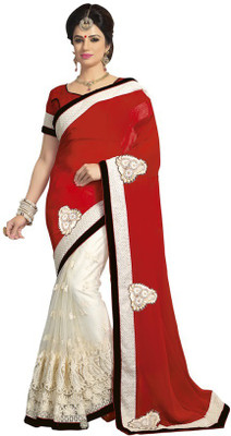 

Kintu Designs Pvt. Ltd. Embroidered Mundum Neriyathum Georgette Saree(Red), Offwhite;red