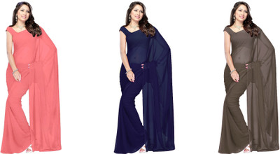 

Manthan Solid Daily Wear Georgette Saree(Pack of 3, Pink, Blue, Grey), Peach & navy blue & grey