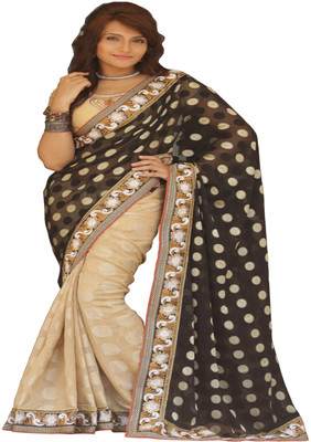 

Helixenterprise Printed Fashion Jacquard Saree(Black), Black;cream