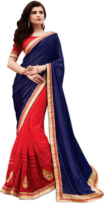 

Desi Butik Embroidered Fashion Georgette, Net, Satin Saree(Red, Blue), Red and blue
