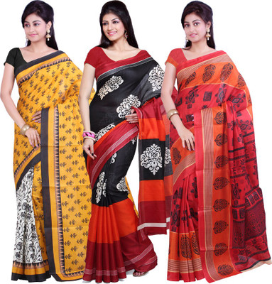 Ishin Solid Fashion Art Silk Saree(Pack of 3, Multicolor)