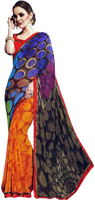 

Desi Butik Printed Fashion Georgette Saree(Orange, Black, Blue), Orange and black and blue