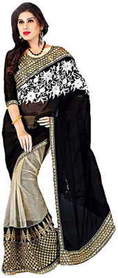 

Araja Embroidered Fashion Handloom Net Saree(Black), Black and beige