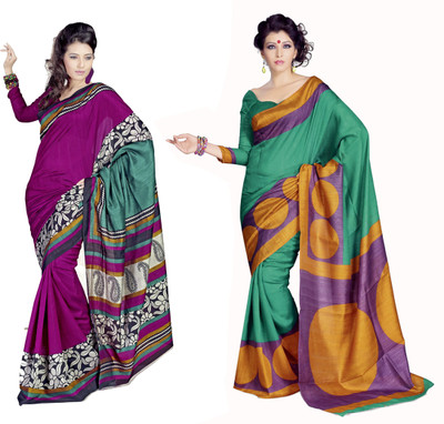 

Sunaina Printed Bhagalpuri Cotton, Silk Saree(Pack of 2, Multicolor)
