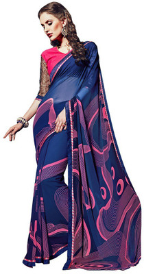 

Desi Butik Printed Fashion Georgette Saree(Blue, Pink), Blue and pink