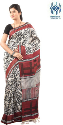 

Tantuja Self Design Murshidabad Handloom Silk Saree(White, Black)