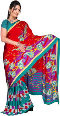

Khoobee Printed Fashion Crepe Saree(Red, Green), Green;red