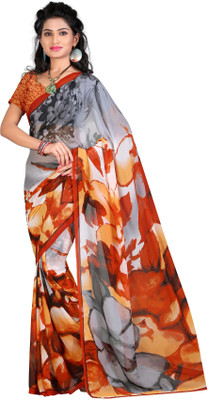 LaazreeFashion Floral Print Bollywood Georgette Saree(Orange, White)