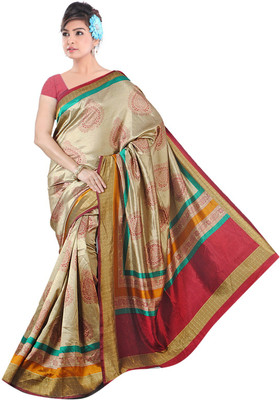 

Khushali Printed Fashion Tussar Silk Saree(Beige), Chickoo;red