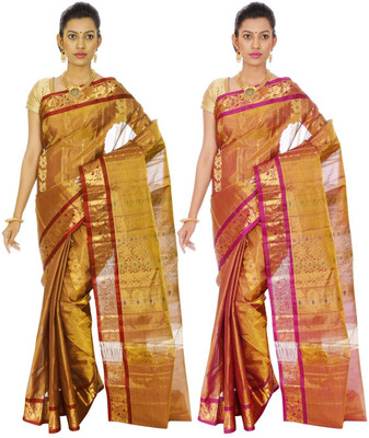 

Mahaveersilkcreations Woven Kanjivaram Pure Silk Saree(Pack of 2, Multicolor), Multi