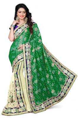 

Khoobee Self Design, Embroidered, Embellished Fashion Georgette, Jacquard Saree(Green, Beige), Beige;green