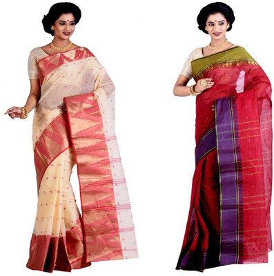 

Purabi Woven Tangail Cotton Saree(Pack of 2, Beige, Maroon)