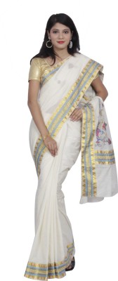 Fashionkiosks Printed Bhagalpuri Handloom Cotton Blend Saree(White)