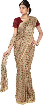 

Ethnic Bliss Lifestyles Self Design Fashion Handloom Chiffon Saree(Beige), Dark peach with multicolour emboridery