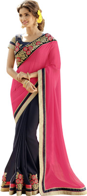 

Khushali Self Design, Embroidered, Embellished Fashion Georgette Saree(Pink, Dark Blue, Beige), Beige;dark blue;pink