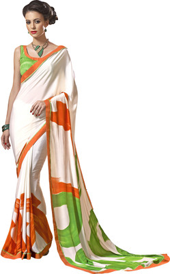 

Khoobee Self Design, Printed Fashion Art Silk Saree(White, Orange, Green), Green;orange;white