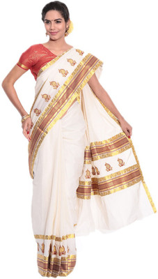 Darps Self Design Balarampuram Cotton Saree(Multicolor), Cream