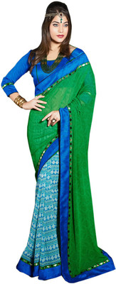 

Helixenterprise Printed Fashion Handloom Georgette Saree(Blue), Blue;green
