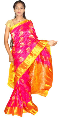 

Mahaveersilkcreations Woven Kanjivaram Handloom Art Silk Saree(Pink), Dark pink