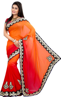 Indianbeauty Self Design Bollywood Georgette Saree(Orange, Red)