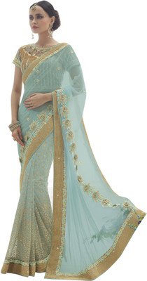 

Khoobee Self Design, Embroidered, Embellished Fashion Net, Satin Saree(Light Blue, Beige), Beige;light blue