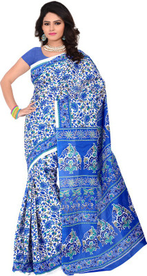 

TAARIKA Printed Daily Wear Cotton Saree(White, Light Blue), Light blue;white