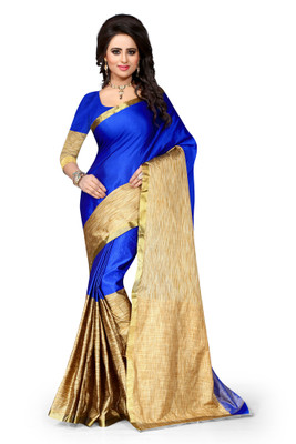 

Style U Self Design Chanderi Poly Silk Saree(Blue, Beige), Blue and beige