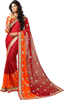 

Khushali Self Design, Embroidered Fashion Chiffon Saree(Orange, Red)