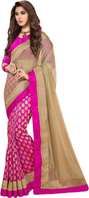 

Khoobee Self Design, Embroidered Fashion Jacquard, Net Saree(Beige, Pink)
