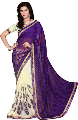 

Khoobee Self Design, Embroidered, Embellished Fashion Jacquard, Chiffon Saree(Purple, Beige), Beige;purple