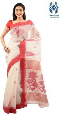 

Tantuja Self Design Tangail Handloom Cotton Saree(White, Red), Red;white