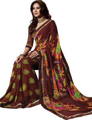 

Khoobee Self Design, Printed, Embellished Fashion Georgette, Satin, Chiffon Saree(Brown, Multicolor)