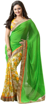 

Vandv Shop Printed Fashion Handloom Georgette Saree(Green), Green;yellow